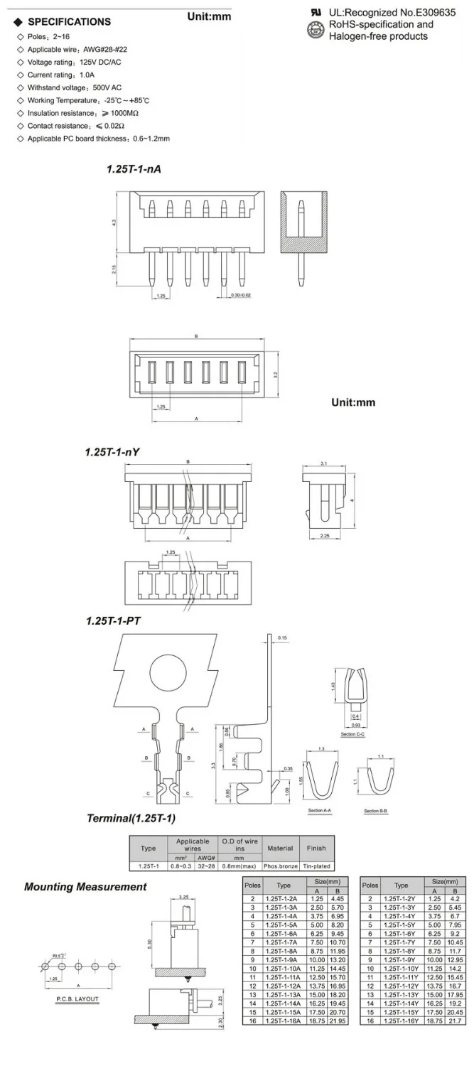 

1000pcs Board to Wire JST Connector 1.25 mm Header Male Blade 2 3 4 5 6 7 8 9 10 11 12 13 14 15 16 Pin Through Hole 0.049"