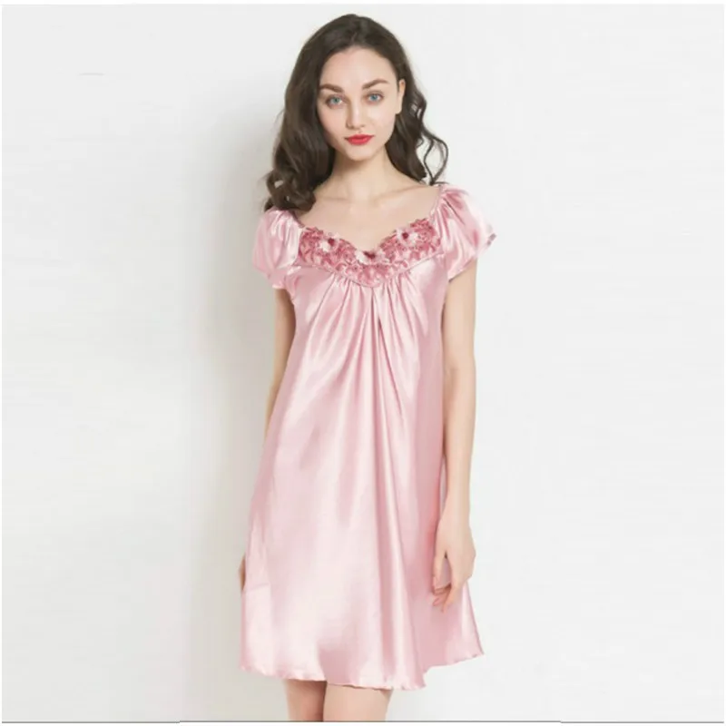 Дамы шелковая ночная рубашка для девочек пикантные шелковые Sleepdress короткий рукав сексуальное ночное белье сексуальное пижамы Мягкая Homedress ночная рубашка B-5311