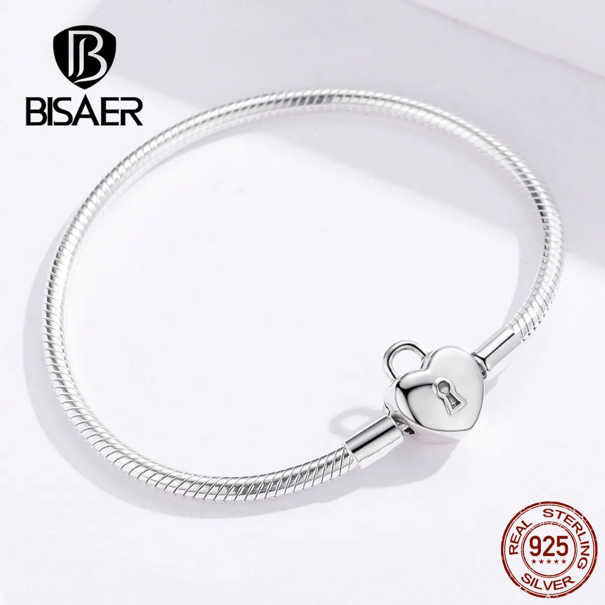BISAER, серебряные браслеты, 925 пробы, серебряные, в форме сердца, с застежкой, Femme, серебряные браслеты для женщин, ювелирные изделия, Pulseira ECB141