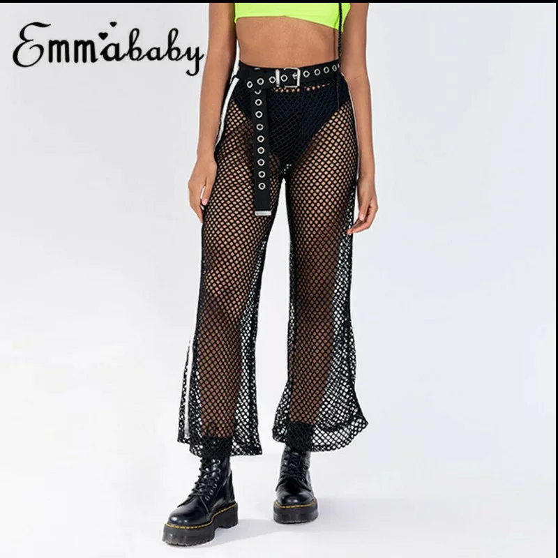 Женские открытые брюки с высокой талией прозрачные летние сетчатые длинные