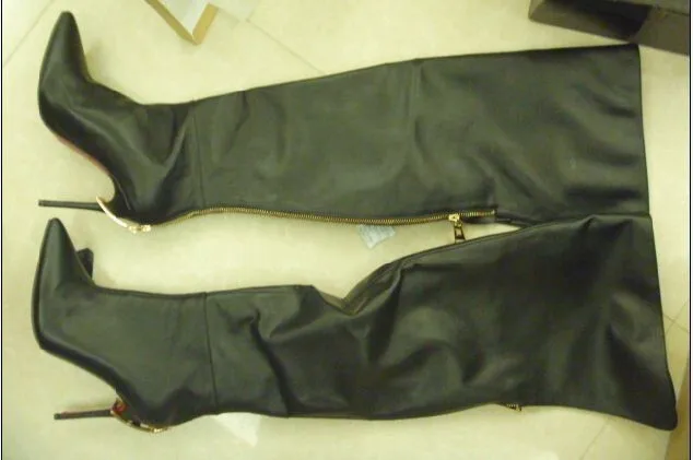 

newest fashion black leather Zipper-Heel Over-the-Knee Boot thigh high design pointed toe cool spring autumn long boots
