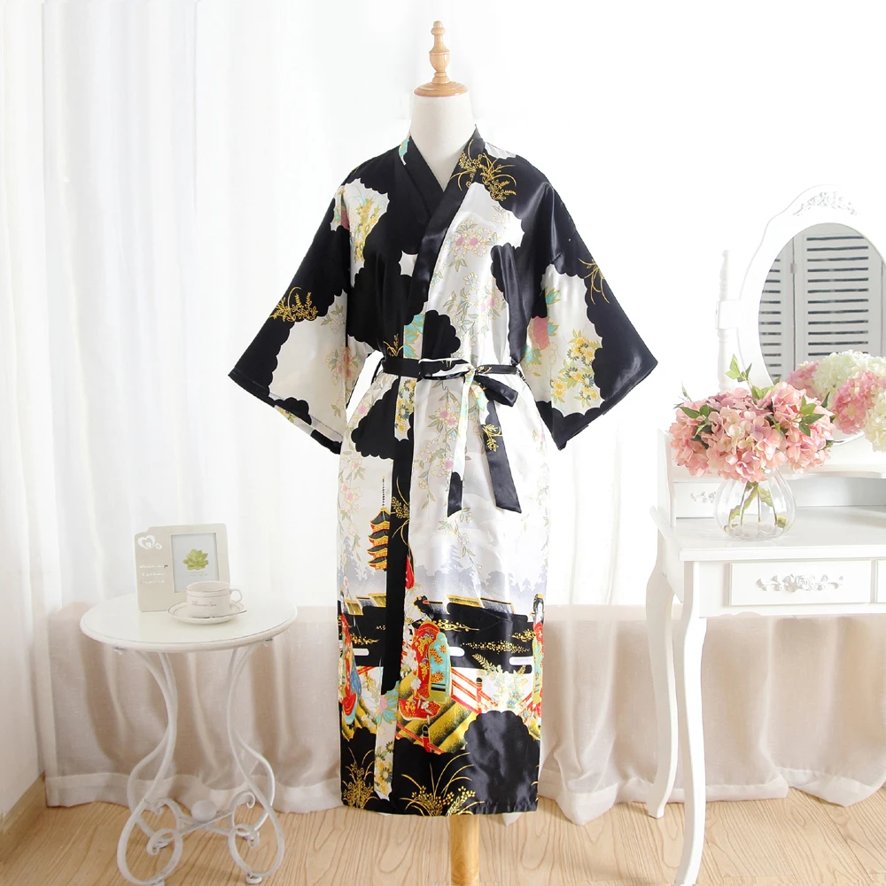 

Black Summer Women's Kimono Long Robe Bathrobe Nightwear Pyjamas Female Faux Silk Bath Gown Nightgown Mujer Pijama One Size 035