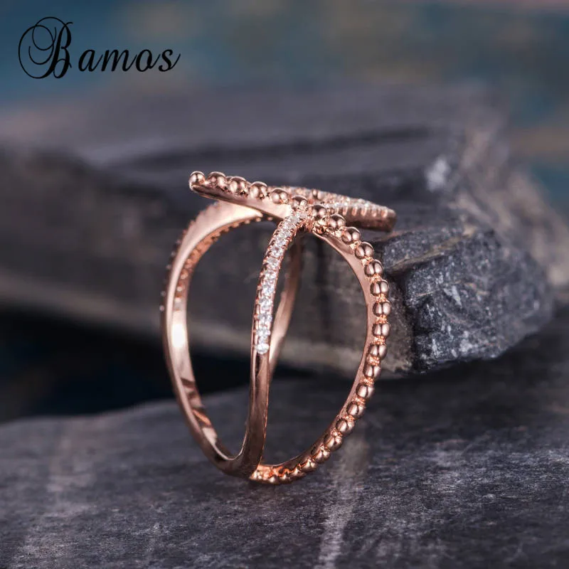 Bamos Rose Gold Color Double V Ring Tiny Zircon Cross Midi Rings For Women Simple Geometric Jewelry 2018 New Arrival | Украшения и