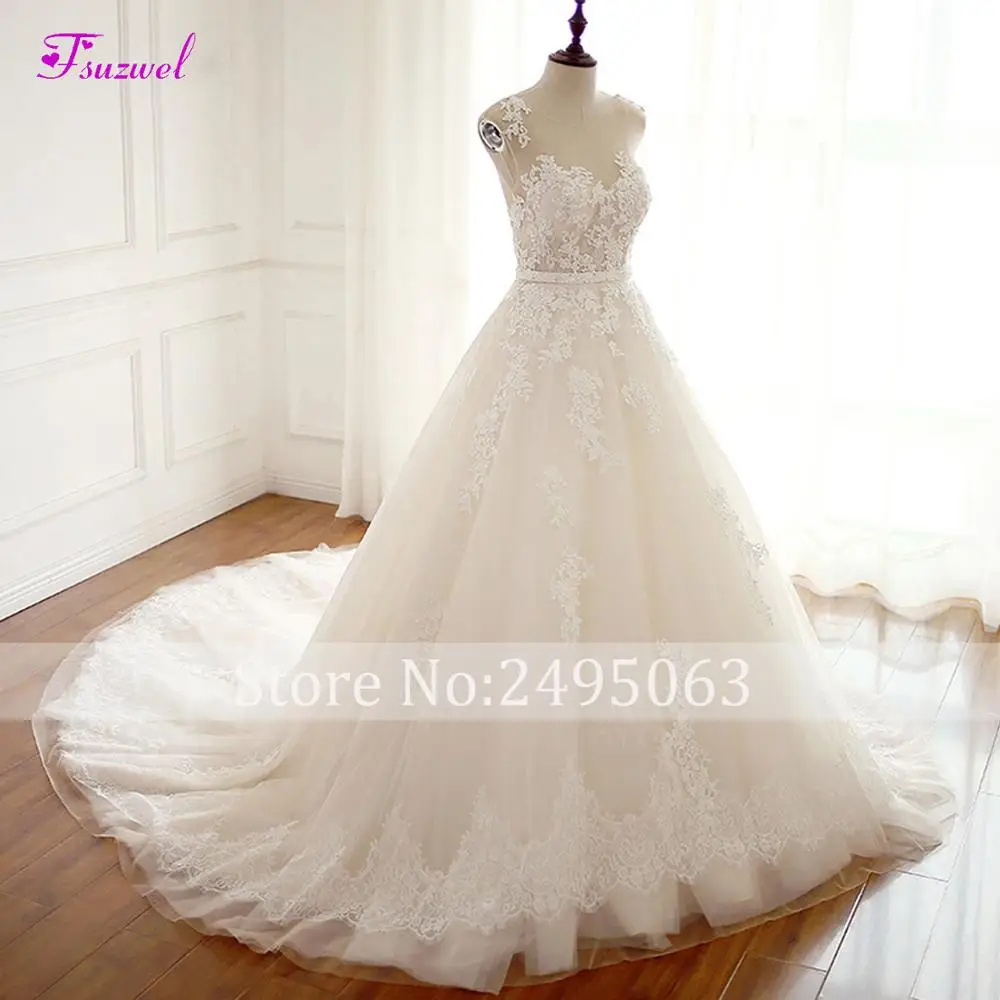 Fsuzwel Robe De Mariage свадебное платье трапециевидной формы с О-образным вырезом и поясом, очаровательное кружевное платье принцессы со шлейфом и аппликацией