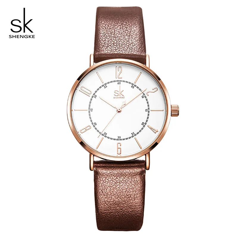 Shengke модные парные часы кварцевые женские наручные часы набор Reloj Montre простой кожаный ремешок Валентина Любовь Подарки на день рождения - Цвет: Brown women