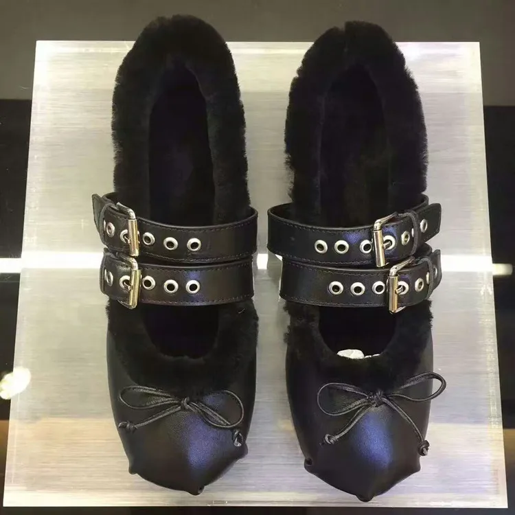 LTTL Latest Autumn Winter Plush Double Breasted Buckle Straps Bowtie Round Toe Flat Ballet Shoes Women Dress | Обувь