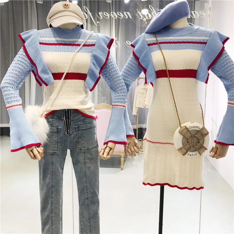 2018 Womens Jumpers Ruffled Striped Slim Female Sweater with Flare-sleeve Ladies Sweet Fashion Knitted for Christmas | Женская одежда