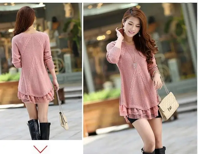 Винтаж Хлопок Blend Кружева Женщин Платье Длинные Стиль Трикотажные Свитера Jumper