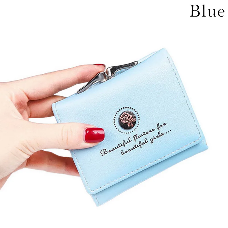 blue Женский короткий кошелек с застежкой, маленький кошелек для монет, мини сумочка для денег, кошелек с розами, трехслойный кожаный кошелек, держатели для кредитных карт - Цвет: blue