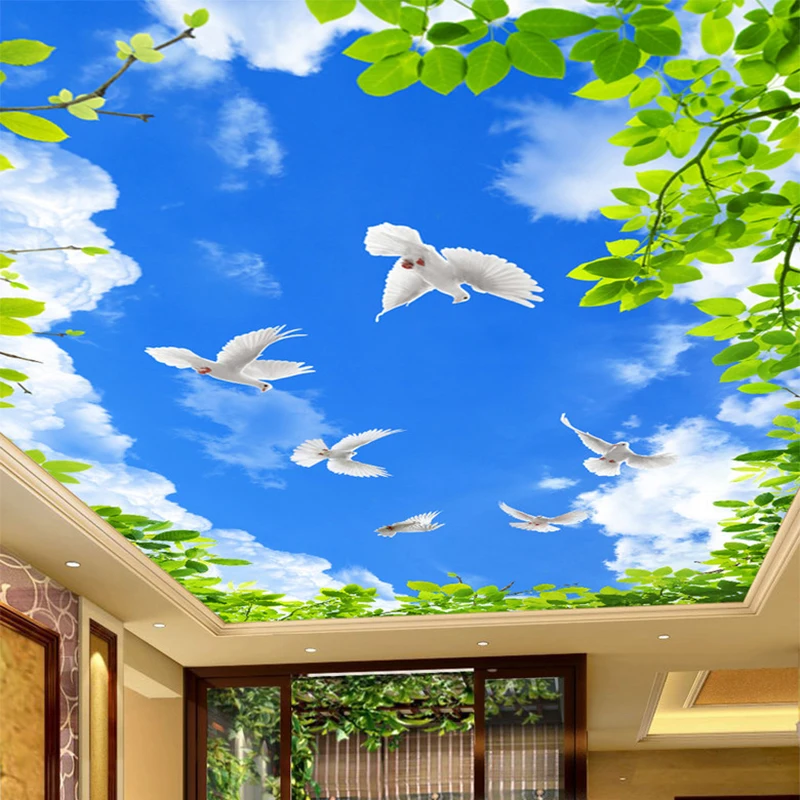 Обои на заказ обои потолок HD голубое небо зеленый лист белые голуби фото