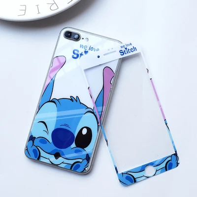 For iPhone X Cute Cartoon Tempered Glass Screen film ( Front &ampBack ) for 8plus 8 7 7p 6 6S 6p cartoon stitch glass flim |