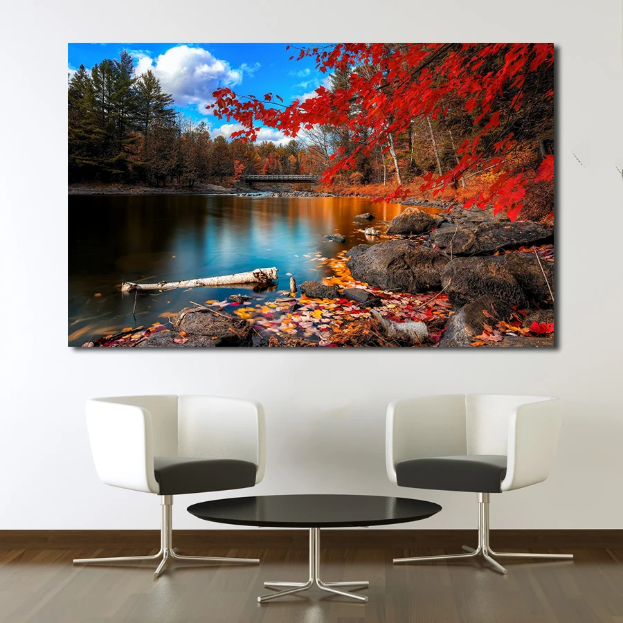 JQHYART Printing Oil Painting foliage lake forest leaves Wall Art Canvas Print Pictures For Living Room And Bedroom No Frame | Дом и сад