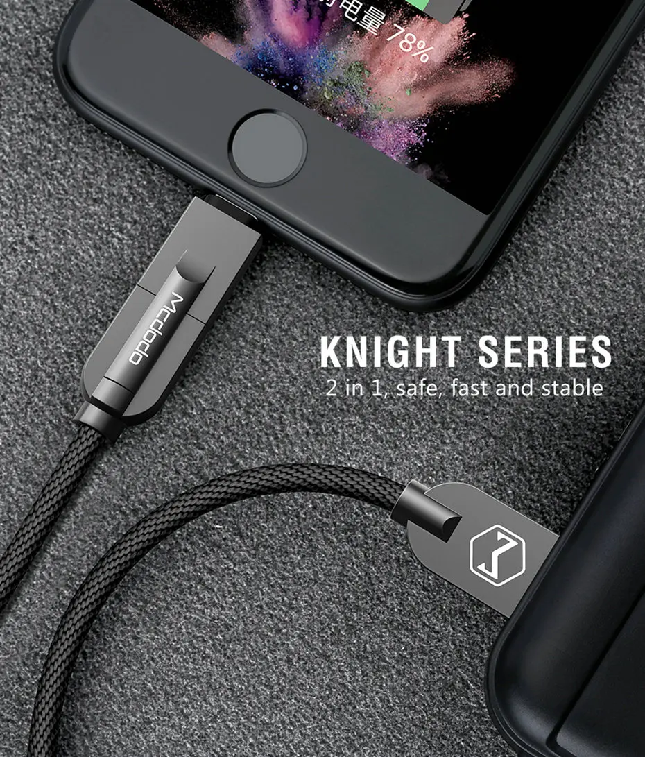 Mcdodo USB кабель для iPhone Xs Max 8 7 6 Lightning-USB кабель 2 в 1 Micro USB кабели для samsung huawei Xiaomi зарядный шнур