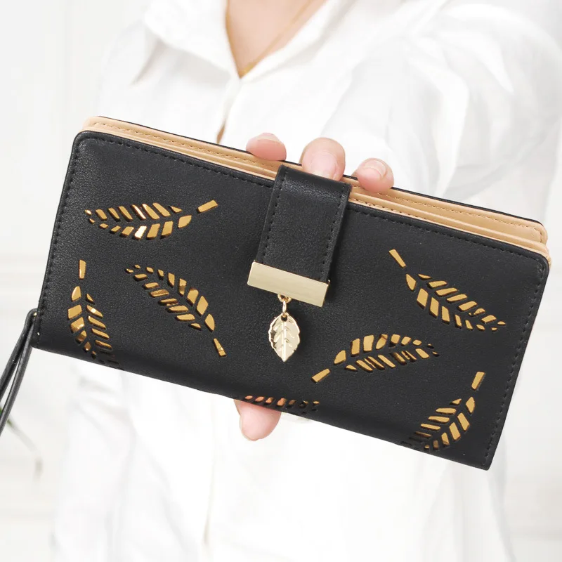 Женский Длинный кошелек из ПУ кожи с золотыми листьями|sweet purses|wallet puwomen long wallet |