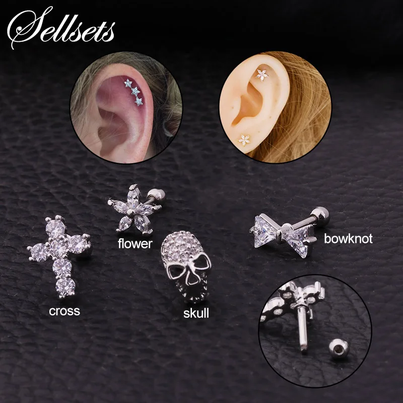 Серьги гвоздики Sellsets с бантом цветком черепом крестом фианитами для ушей