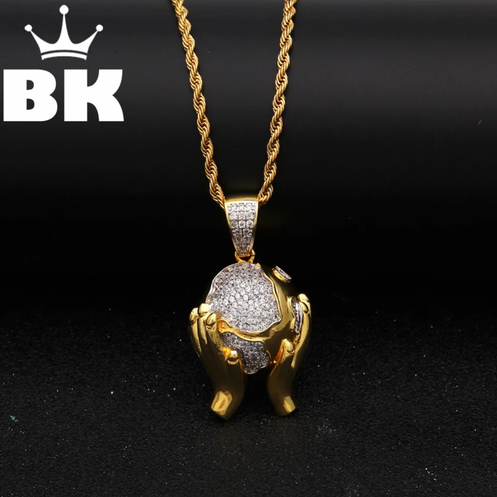 

Gold Tone silver color Round Hand to Earth CZ Necklace Copper Alloy Hip Hop Catholic Mens Jewelry Iced Out CZ Pendant
