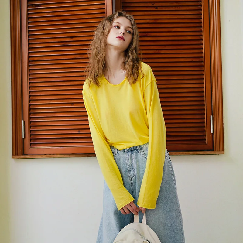 Женская свободная хлопковая футболка с длинными рукавами тонкий пуловер круглым