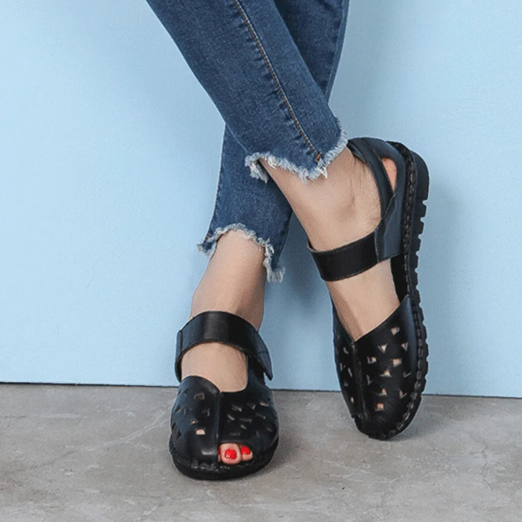 Women's Sandals Soft Bottom National Fish Mouth Ladies Summer Hollow Flat Shoes Female Beach Chaussures C40# | Обувь