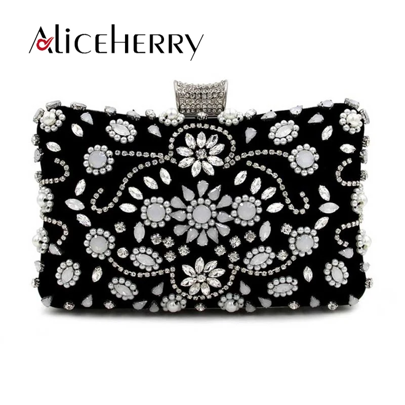 

Women's Pearl Diamond Evening Bags Luxury Silver Chain Clutch Elegant Black Party Wedding Bridal Box Purse