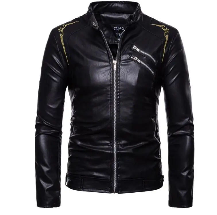 

mens leather jacket slim motorcycle leather coat men jackets embroidery clothes personalized stage street fashion stand collar
