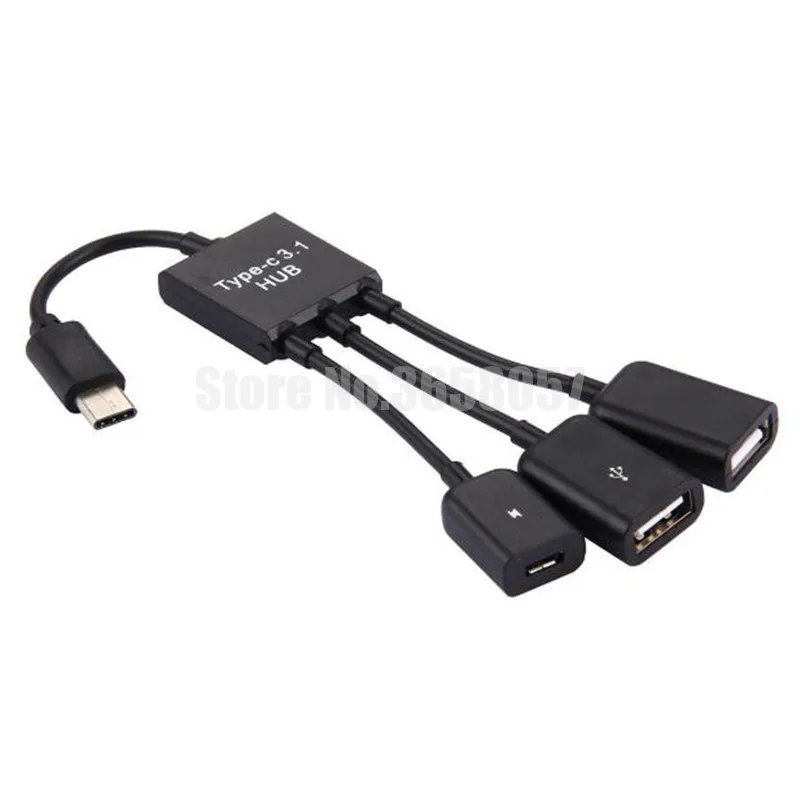 

200pcs USB 3.1 Type C Male to 2 Dual USB A 2.0 Female + Micro-USB Female 3 in 1 OTG HUB accessory bundles for samsung s8 s9