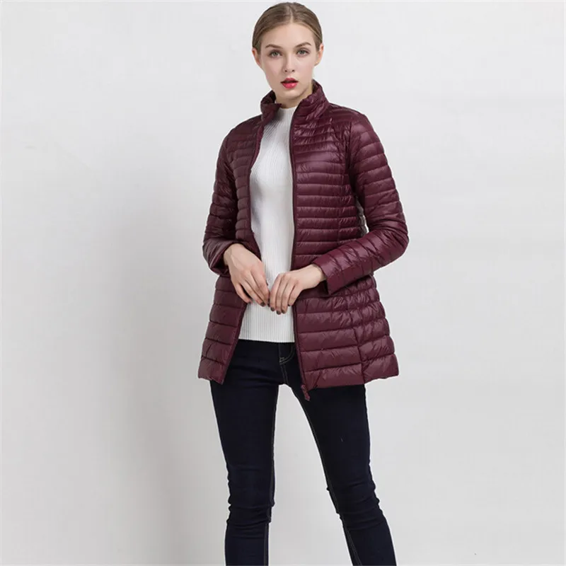 wine red Johnature Зимний Теплый женский длинный тонкий пуховик приталенный Корейский воротник стойка белый утиный пух на молнии длинное пальто S-4XL - Цвет: wine red
