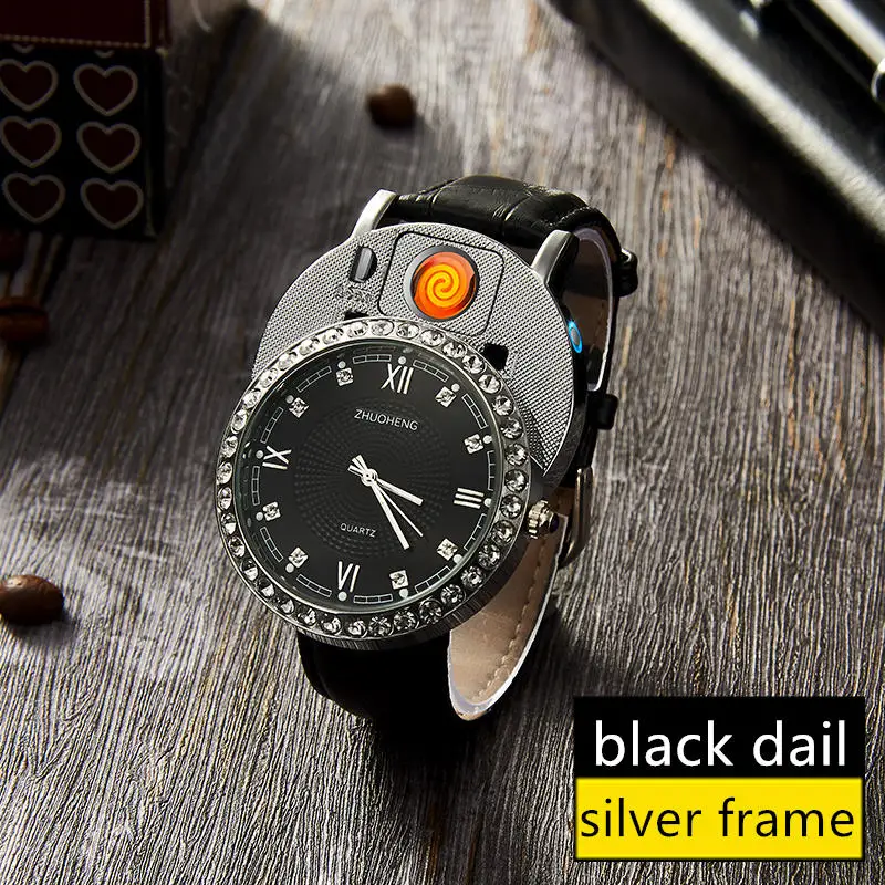 silver black no box Мужские часы-прикуриватель, кварцевые часы с зарядкой от USB, роскошные часы с бриллиантовым циферблатом, повседневные наручные часы, мужские часы, JH391-1, 1 шт - Цвет: silver black no box