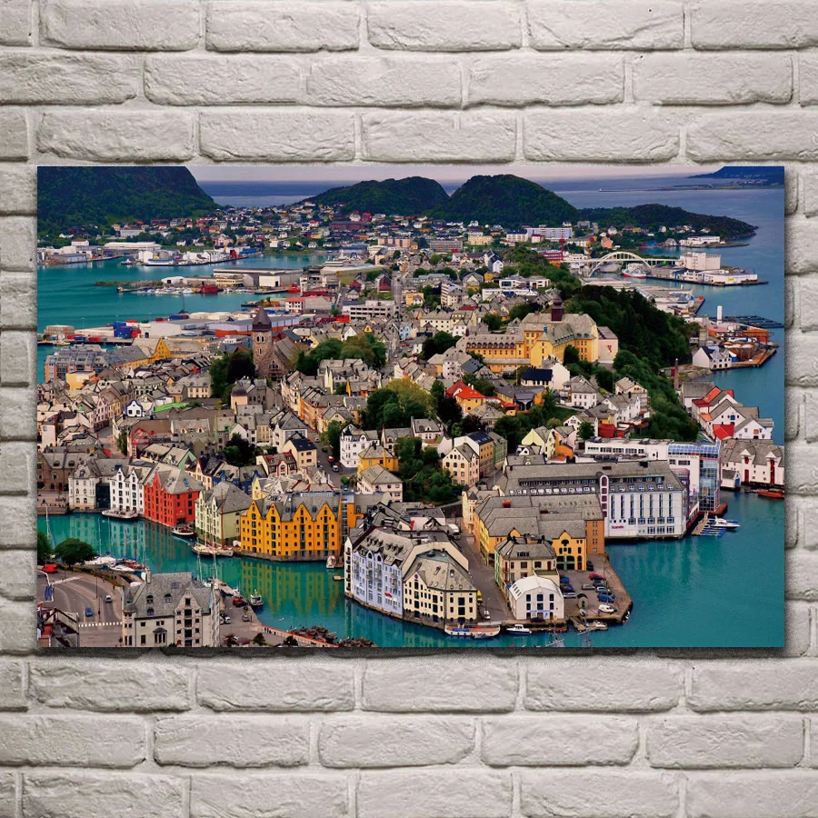 Фото Картина из ткани с изображением норвежской морской гавани гор природного