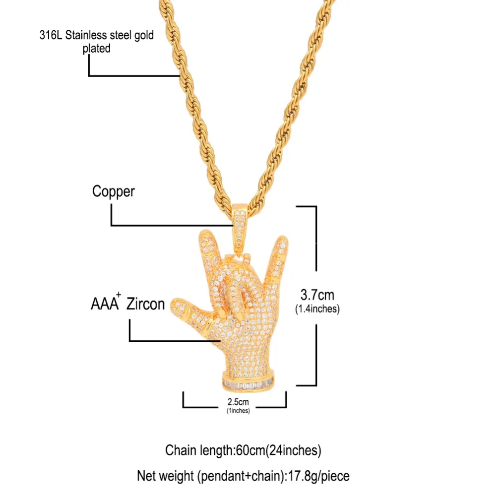 THE HIPHOP KING Custom finger love CZ Pendant Necklace Hip Hop Full Iced Out Cubic Zirconia gold sliver Stone | Украшения и