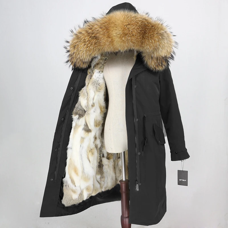 black natural OFTBUY водонепроницаемая верхняя одежда X-long Parka зимняя куртка женская шуба из натурального меха енота капюшон Подкладка из натурального кроличьего меха - Цвет: black natural