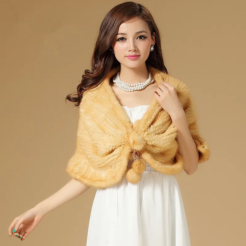 

Autumn Winter Ladies' Genuine Real Knitted Mink Fur Shawls Ruffle Hem Women Fur Pashmina Wraps Bridal Cape VF0513