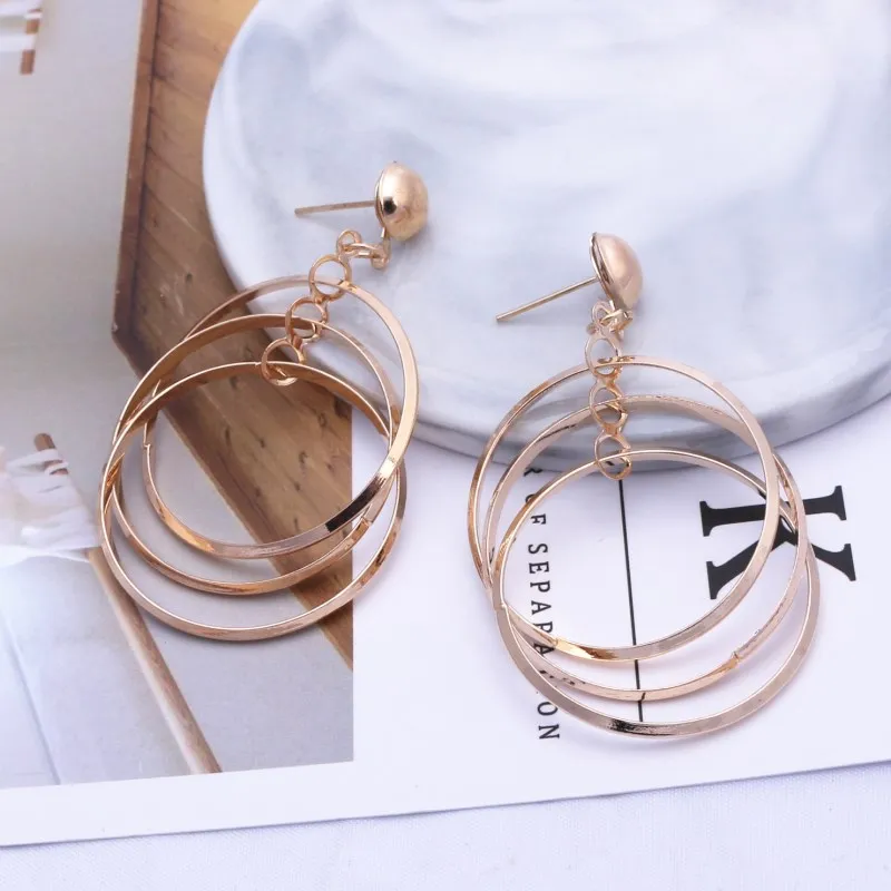 

European Irregular Multi-layer Geometric Circles Drop Earrings for Women Hollow Round Long Earrings Fashion Jewelry Party