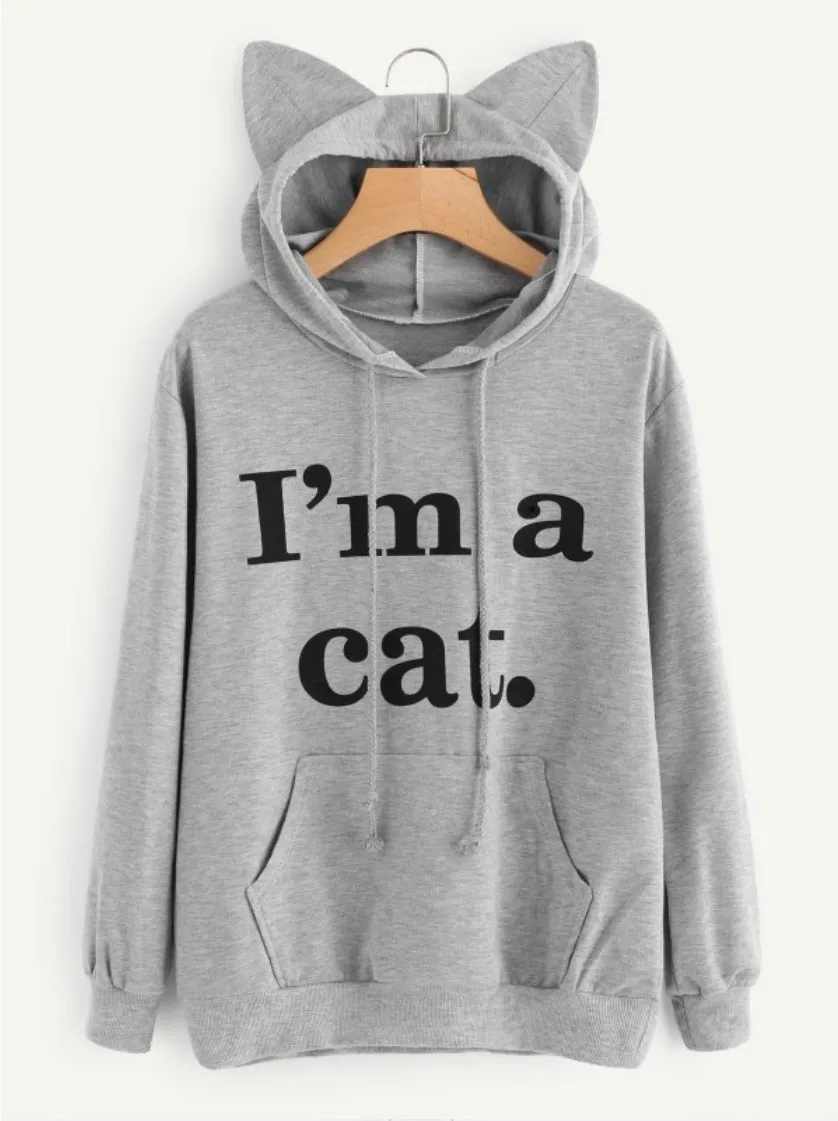 grey hoodie Текст Буква Кошка Худи Кошка Ухо Карман Кенгуру Кофта С Капюшоном Больших Размеров Харадзюку Каваи Милый Свитшот Модный Шнурок Длинная Линия Толстовка Капюшон Повседневный Черное Винный Красный Розовый Серый - Цвет: grey hoodie