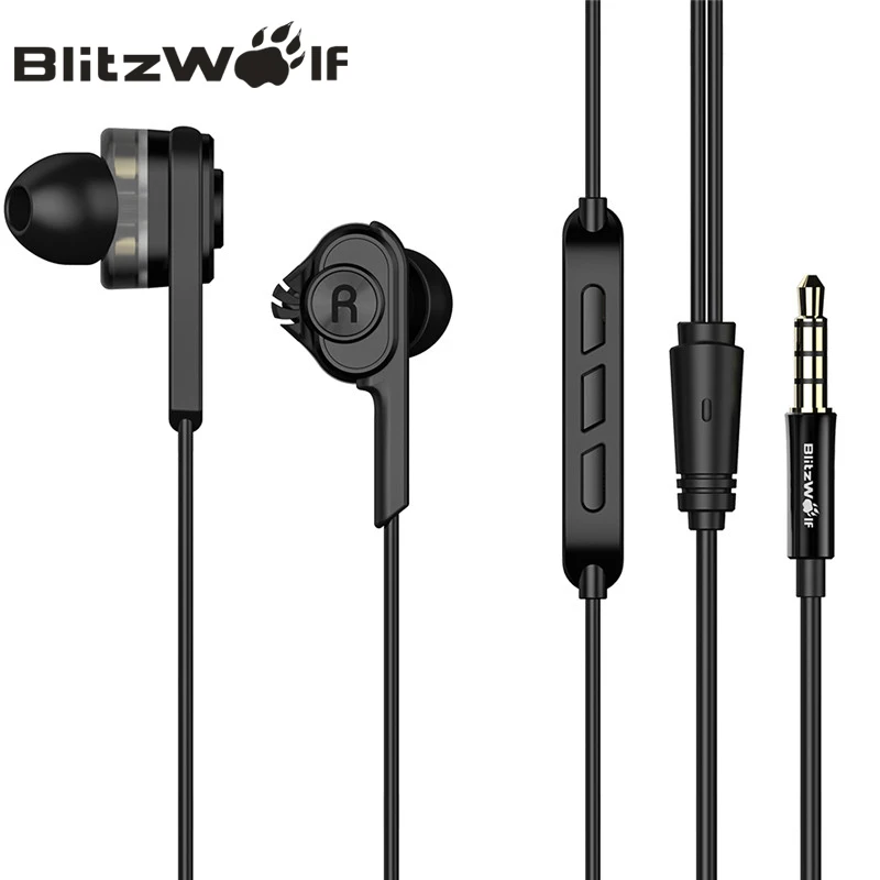 Черный BlitzWolf проводные наушники с микрофоном наушники-вкладыши 3,5 мм наушники с микрофоном для телефона стерео наушники для iPhone смартфона - Цвет: Черный