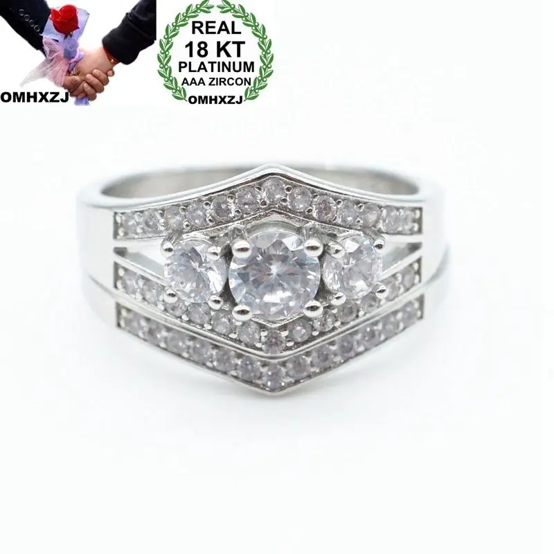 

OMHXZJ Wholesale European Fashion Woman Man Party Wedding Gift Luxury White AAA Zircon 18KT White Gold Ring RR662