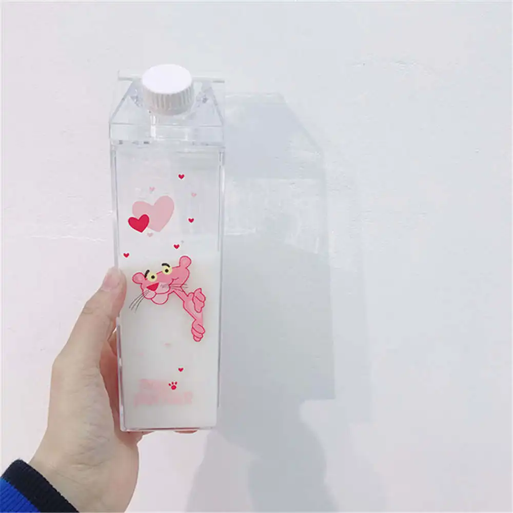 Ins Cute Pink Leopard Water Bottles Creative Milk-box Shape Bottle Transparent Portable Cartoon Unicorn Plastic Milk | Дом и сад