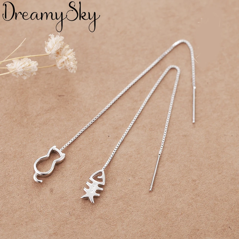 Женские серьги DreamySky брендовые Серебристые в виде кота рыбы Ювелирное Украшение |
