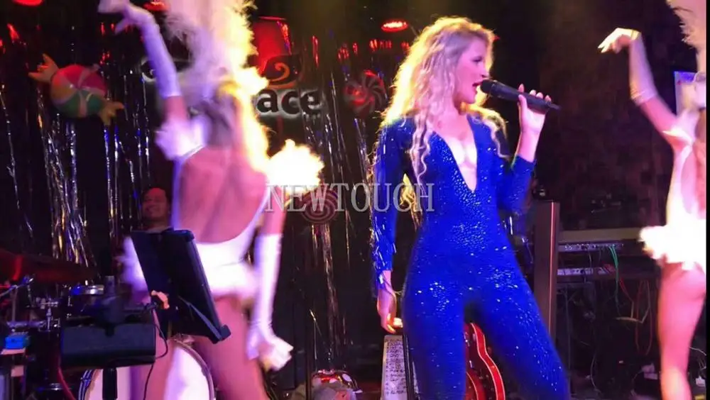 

AB Rhinestones Sparkly Jumpsuit Fashion DS Sexy Blue Big Stretch Dance Costume One-piece Bodysuit Birthday Outfit Party Leggings