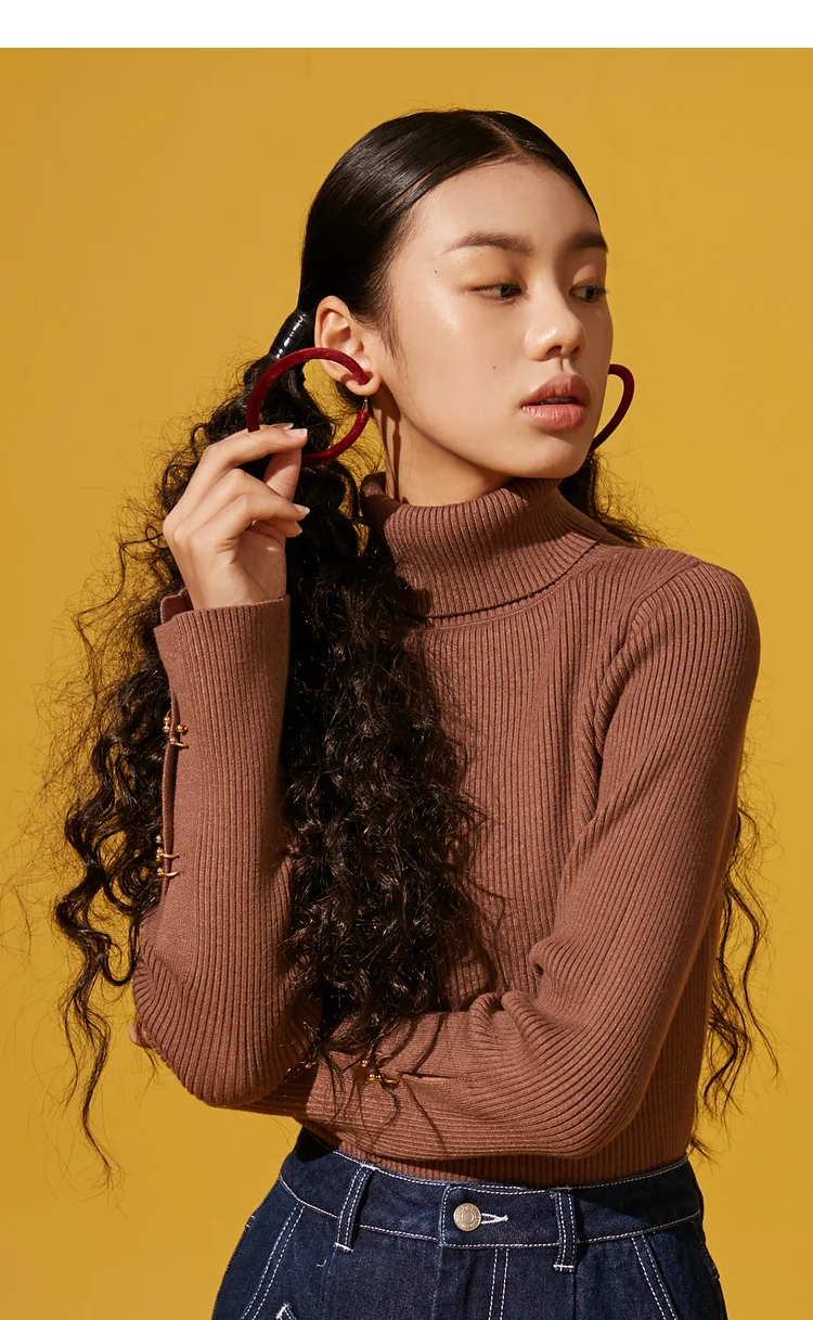 ELFSACK New Woman Sweater Solid Hand Knitted Casual Women Sweaters Turtleneck Full Short Purple Femme Pullovers Female Tops