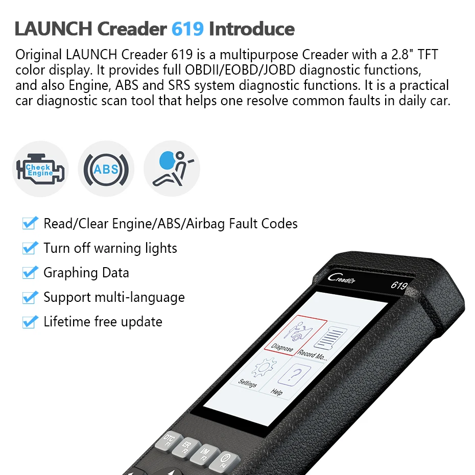 Launch CR619 OBD2 автомобильный сканер ABS SRS двигатель EVAP o2 датчик контроля кода считыватель сканирующий инструмент автомобильный диагностический сканер