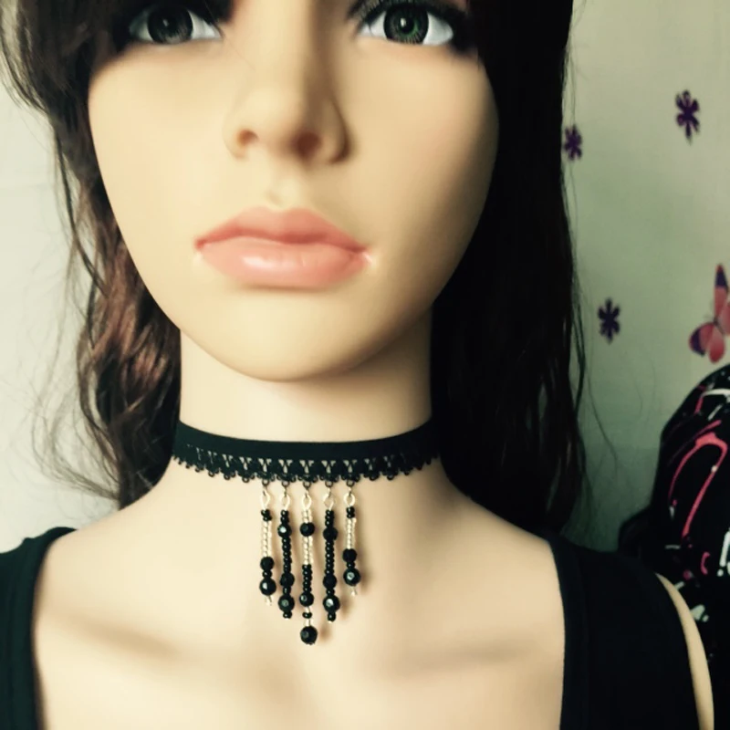 Black Lace Harness Necklace Tassel Pendant Collar Punk Wedding Jewelry Sexy Neck Belt Rave Wear B0682 | Женская одежда