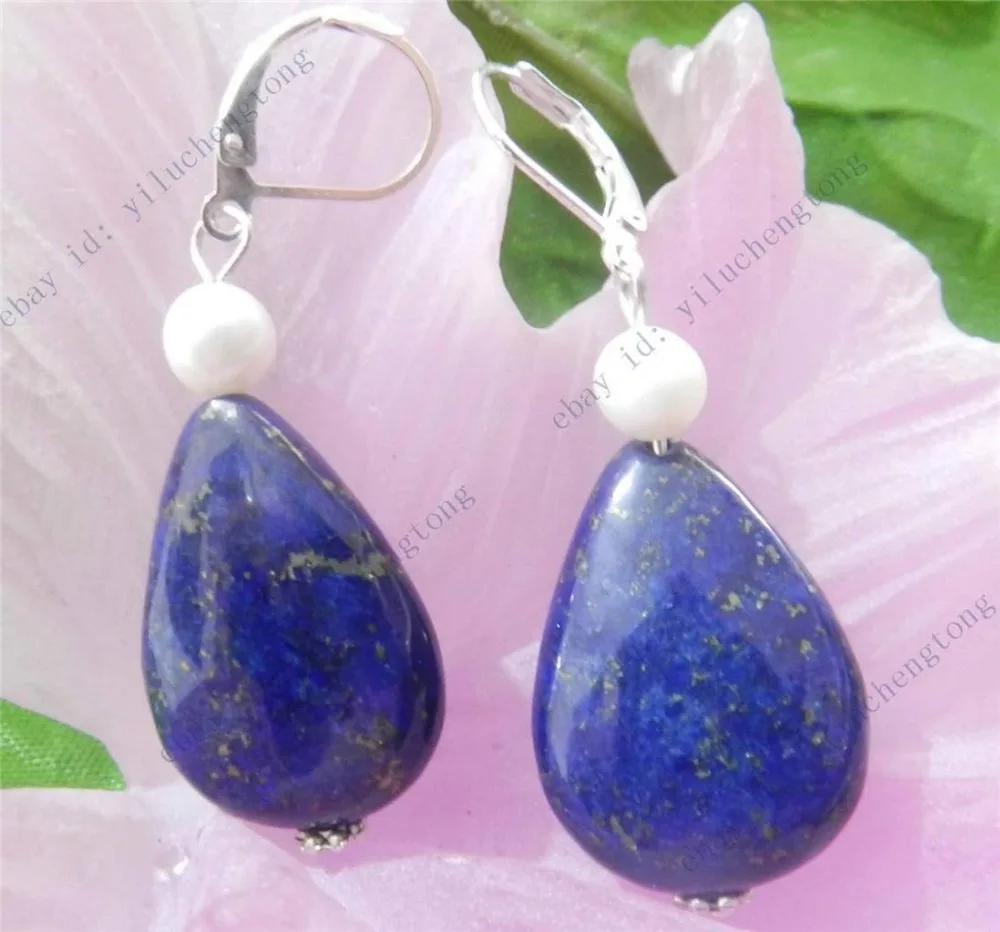 

Natural Drop Egyptian Blue Lapis Lazuli & Real White Pearl Drop Dangle Earrings
