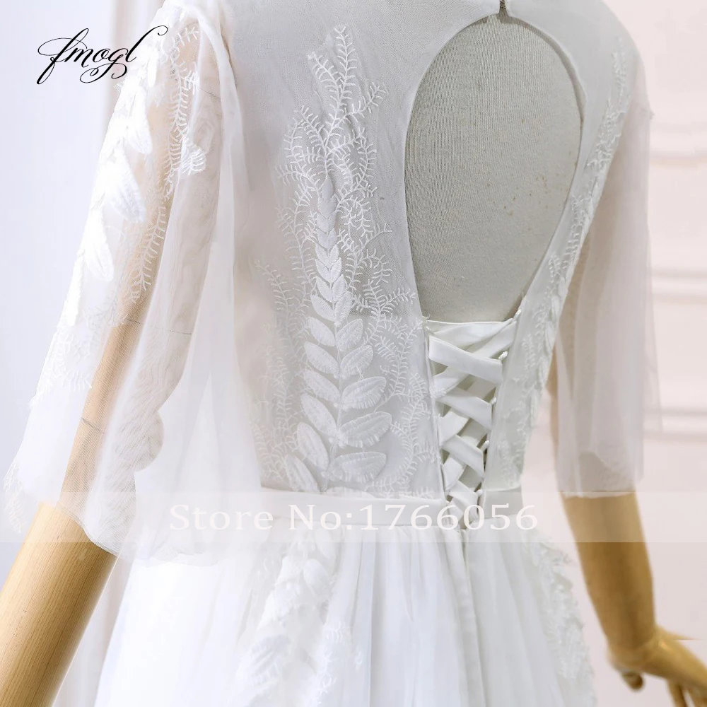 

Fmogl Half Sleeve Lace Beach Wedding Dresses 2019 Elegant Appliques Sweep Train Bride Gown Vestido De Noiva Plus Size