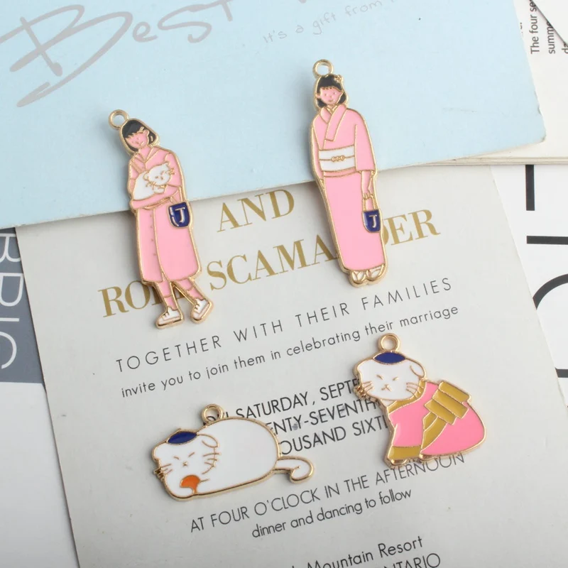 

50PCS Pink Young Girl White Cat Pendant Enamel Fashion Charms DIY Accessories For Handmade Necklace,Keychains Earrings
