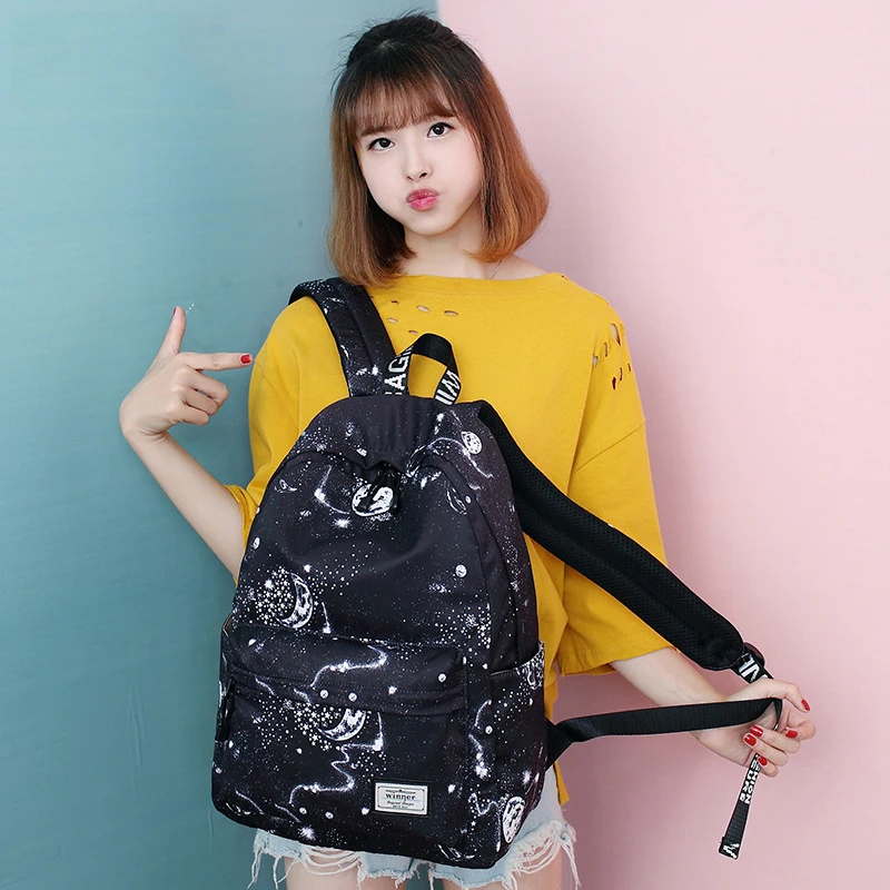 Модный женский рюкзак 2021 стильный с космическим принтом Galaxy Star Universe черный для