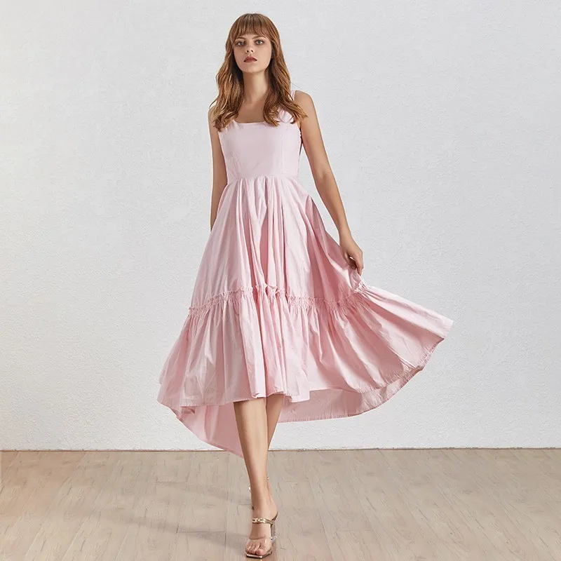pink TWOTWINSTYLE одноцветное платье без рукавов длиной до щиколотки для женщин с открытыми плечами Высокая талия асимметричные платья Женская Летняя мода - Цвет: pink