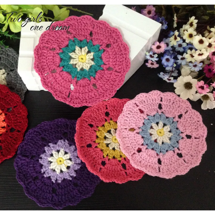 Украшение ручной работы вязанный цветочный подстаканник цвет шерсть Doilies круглый коврик для кофейных чашек 18 см 24 шт/партия свадебный подарок DIY реквизит