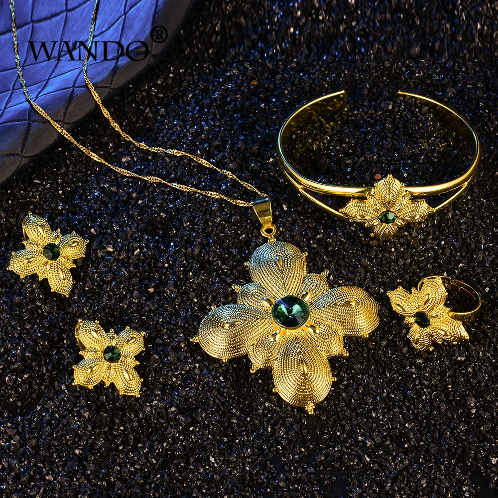 

WANDO Cross Coins Ethiopian Women Jewelry Sets Gold Color African Bridal Romantic Zircon Bangle Earing Ring Jewelry Sets s135