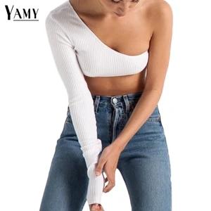 Лето 2017, новинка, кроп-топ, сексуальные женские футболки, женская футболка с длинным рукавом, черная, белая, повседневная женская футболка