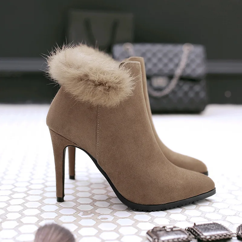Модные женские ботильоны модель 2017 г. острый носок с Мех животных Женские ботинки